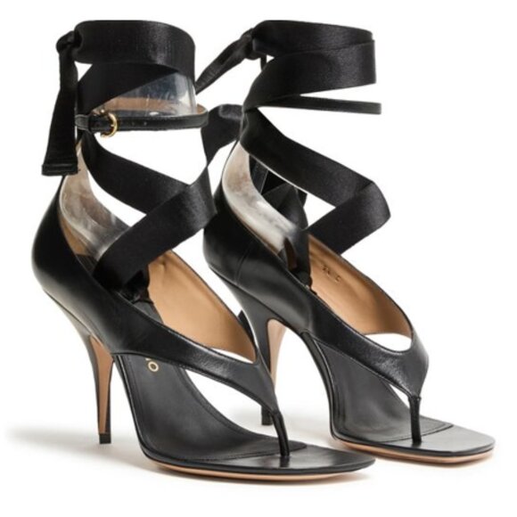 FERRAGAMO LEATHER BLACK LELIU 95 MM RIBBON ANKLE-WRAP THONG SANDALS SIZE 7C NIB - Picture 2 of 5